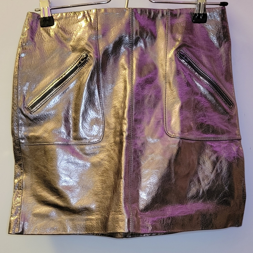 NWT genuine leather metallic grey brown micro mini skirt Blanc NYC sz 24 xxs 00